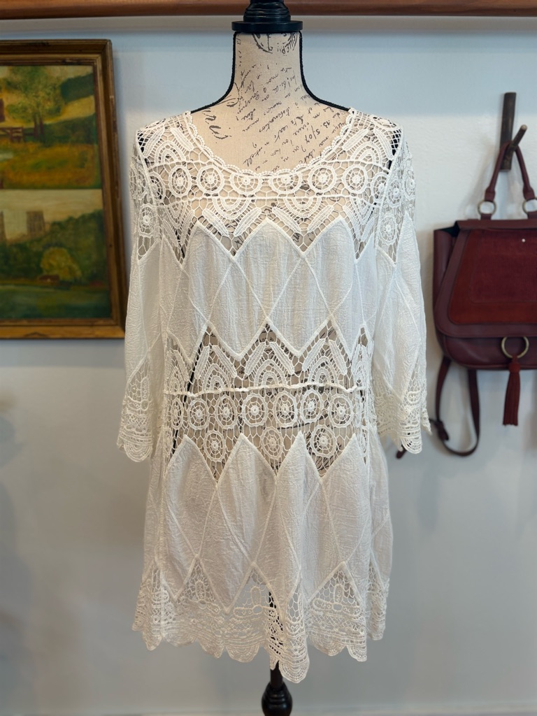 Boho Ivory Crochet Lace Cotton Cover-Up Duster